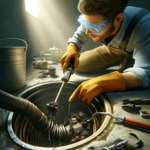 Professional plumber removing grease buildup from a drain